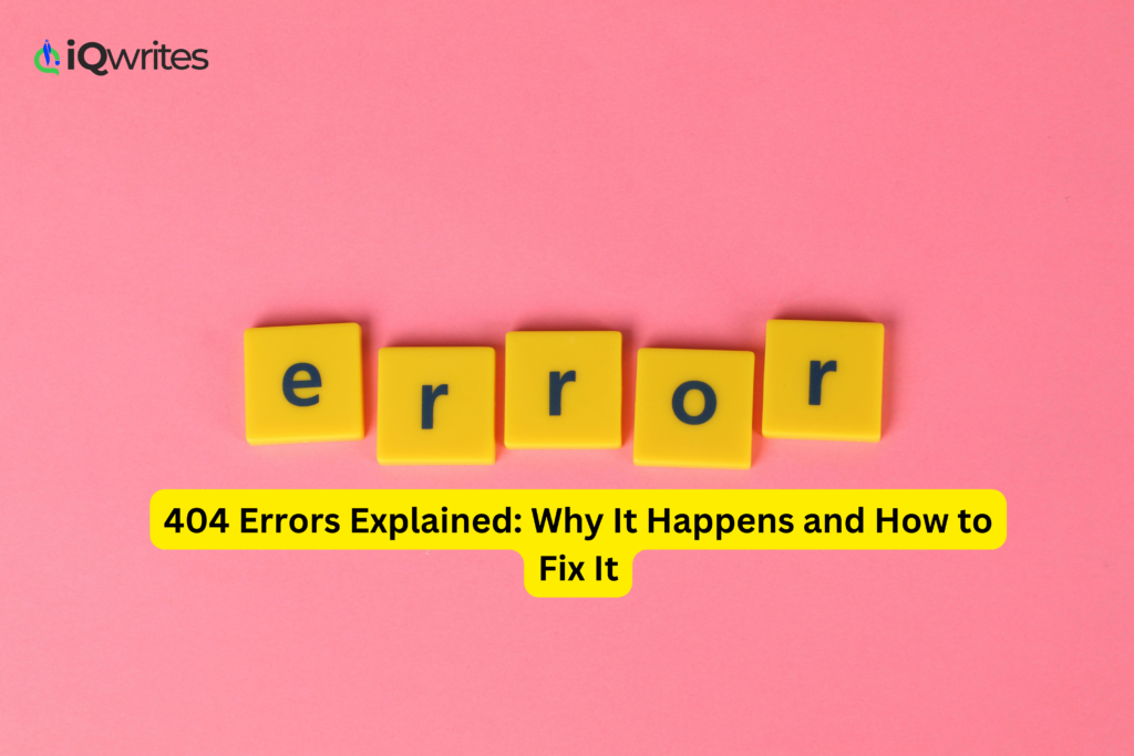 Illustration of a 404 error page with a broken link icon, emphasizing website issues and solutions for resolving them