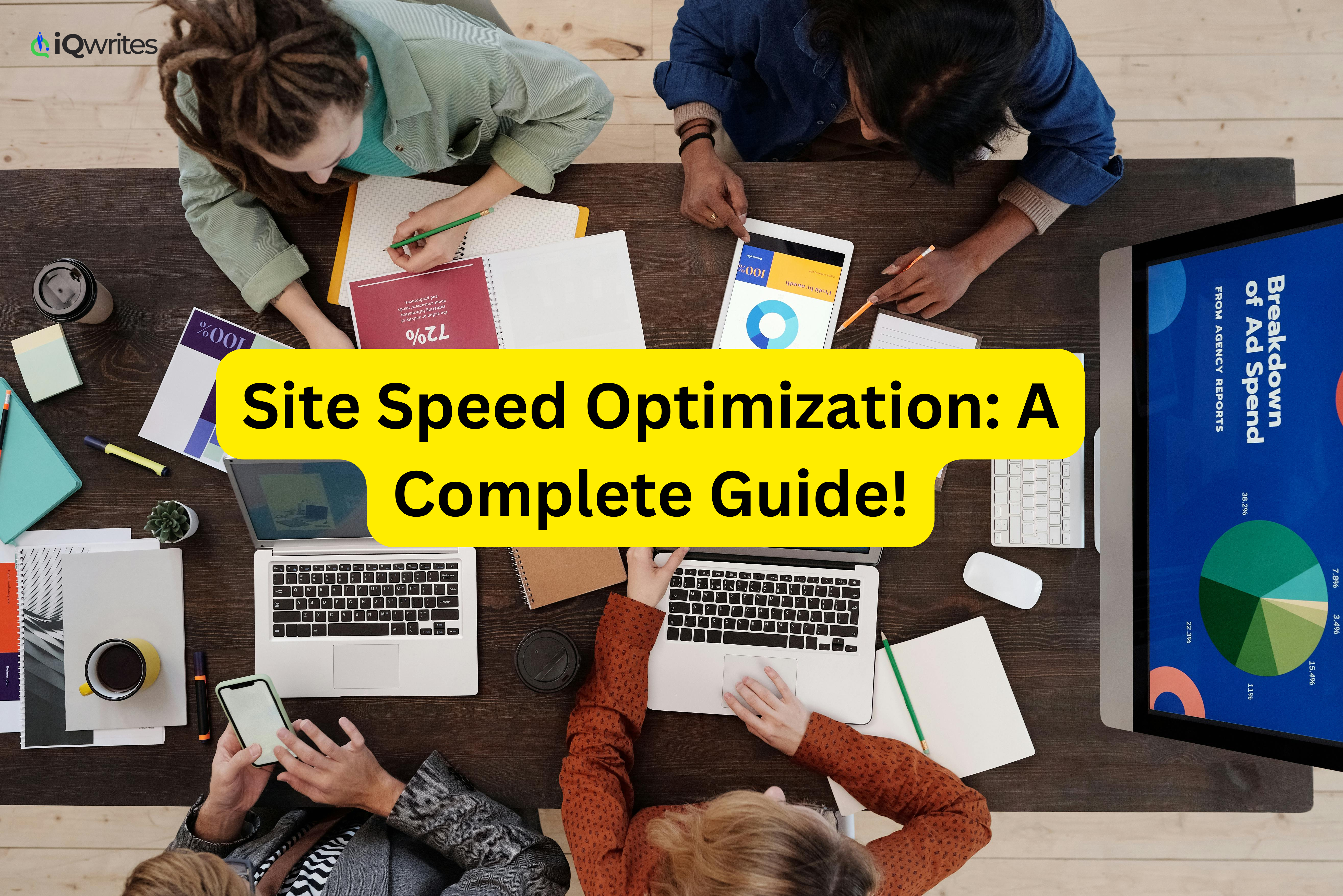 Illustration of website speed optimization with icons representing faster loading times, SEO, and enhanced user experience.