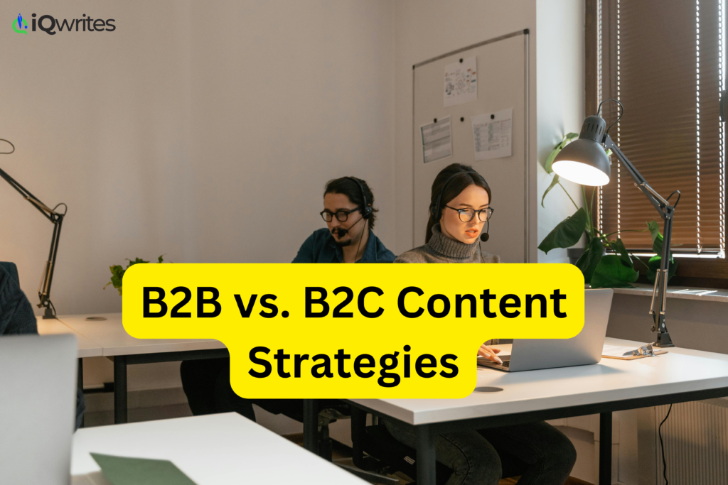 Infographic comparing B2B vs B2C content strategies, highlighting key differences in tone, content length, decision-making processes, and SEO focus.