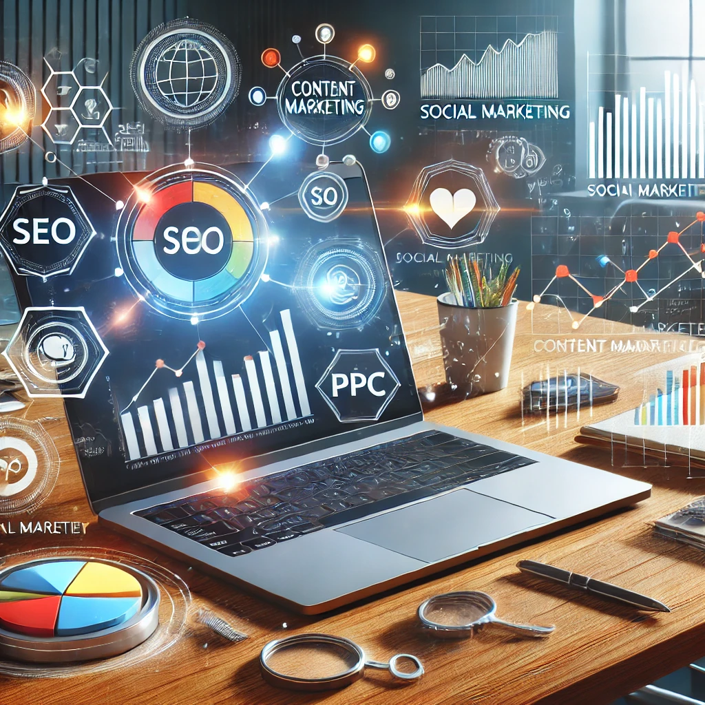 A laptop displaying analytics graphs, surrounded by icons representing SEO, social media, content marketing, and PPC advertising in a modern professional workspace setting.