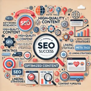 A visually engaging infographic illustrating the key ingredients of optimized content for SEO success. The infographic includes labeled sections with icons representing keyword research, high-quality content, SEO-friendly formatting, meta tags, visual elements, linking strategies, mobile-friendliness, and content updates. The design is modern, clean, and professional, featuring a color scheme suitable for digital marketing and SEO topics.