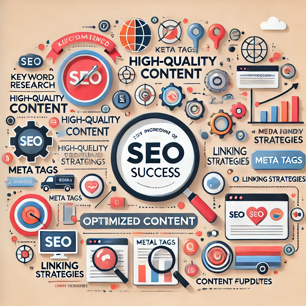 A visually engaging infographic illustrating the key ingredients of optimized content for SEO success. The infographic includes labeled sections with icons representing keyword research, high-quality content, SEO-friendly formatting, meta tags, visual elements, linking strategies, mobile-friendliness, and content updates. The design is modern, clean, and professional, featuring a color scheme suitable for digital marketing and SEO topics.